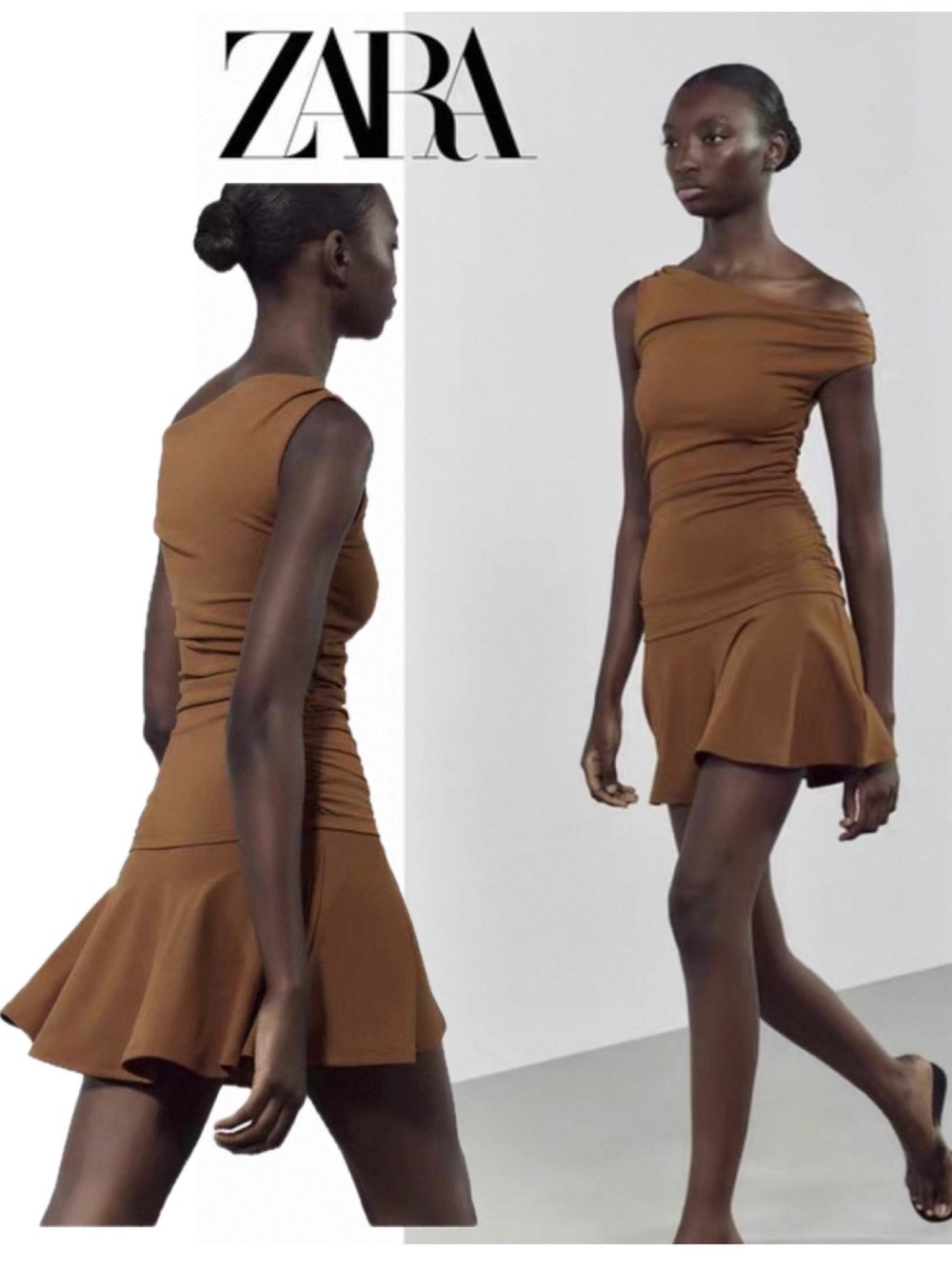 Zara Brown Asymmetric One Shoulder Ruched Mini Dress Drop Waist Ruffle Sz L NWOT
